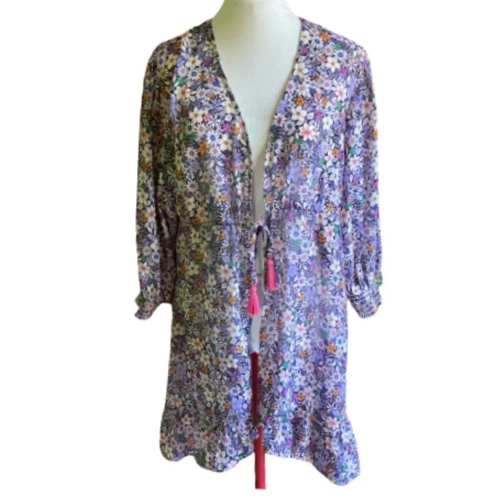 Blue Island Women's Kimono Beach‎ Cover-up, Size Large Ruffled Floral Tassels